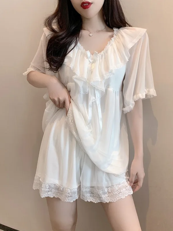 Summer Sexy Lace Trim V-Neck Home Clothes Top with Chest Pad Sleepwear Pants Set White Color Block Design Casual Loose Fit