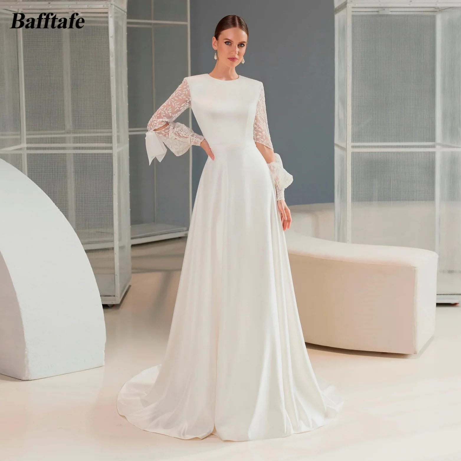 

Bafftafe A Line Silk Satin Wedding Dresses Lace Long Sleeves O-Neck Floor Length Bride Gowns Country Bridal Formal Party Dress