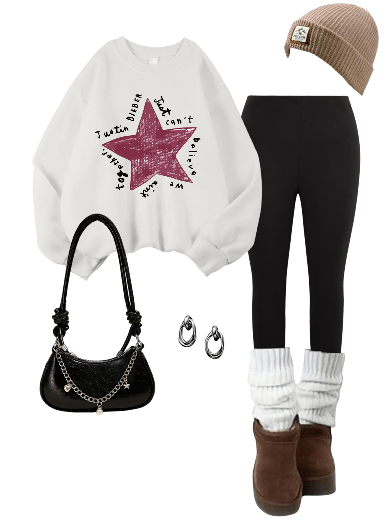 Zweiteiliges Set für Damen im Herbst und Winter, Sweatshirt und Leggings, Just Believe Pentagram Print, Streetwear, Street-Fleece, warme Hose