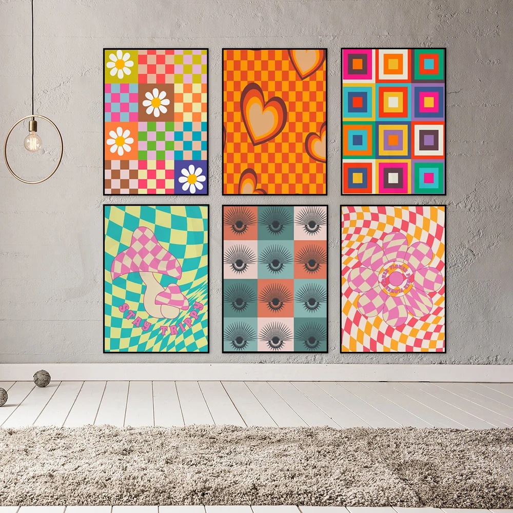 Checkered Wall Art, Funky Checkered Wavy Art Print, Groovy Poster, Trendy Retro Aesthetic Wall Art,Checkerboard Print