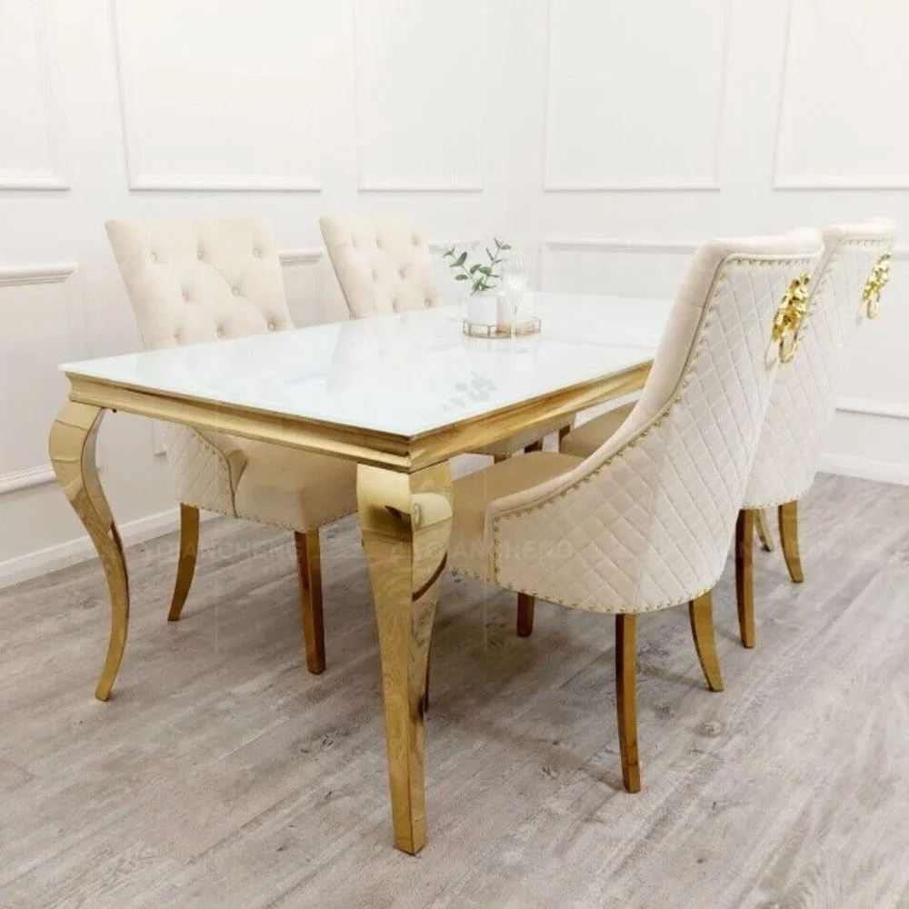 Manufacturer 1m 1.8m 2m long stunning White glass and gold dining table set with beige velvet 6 chairs chrome-dining-table-leg