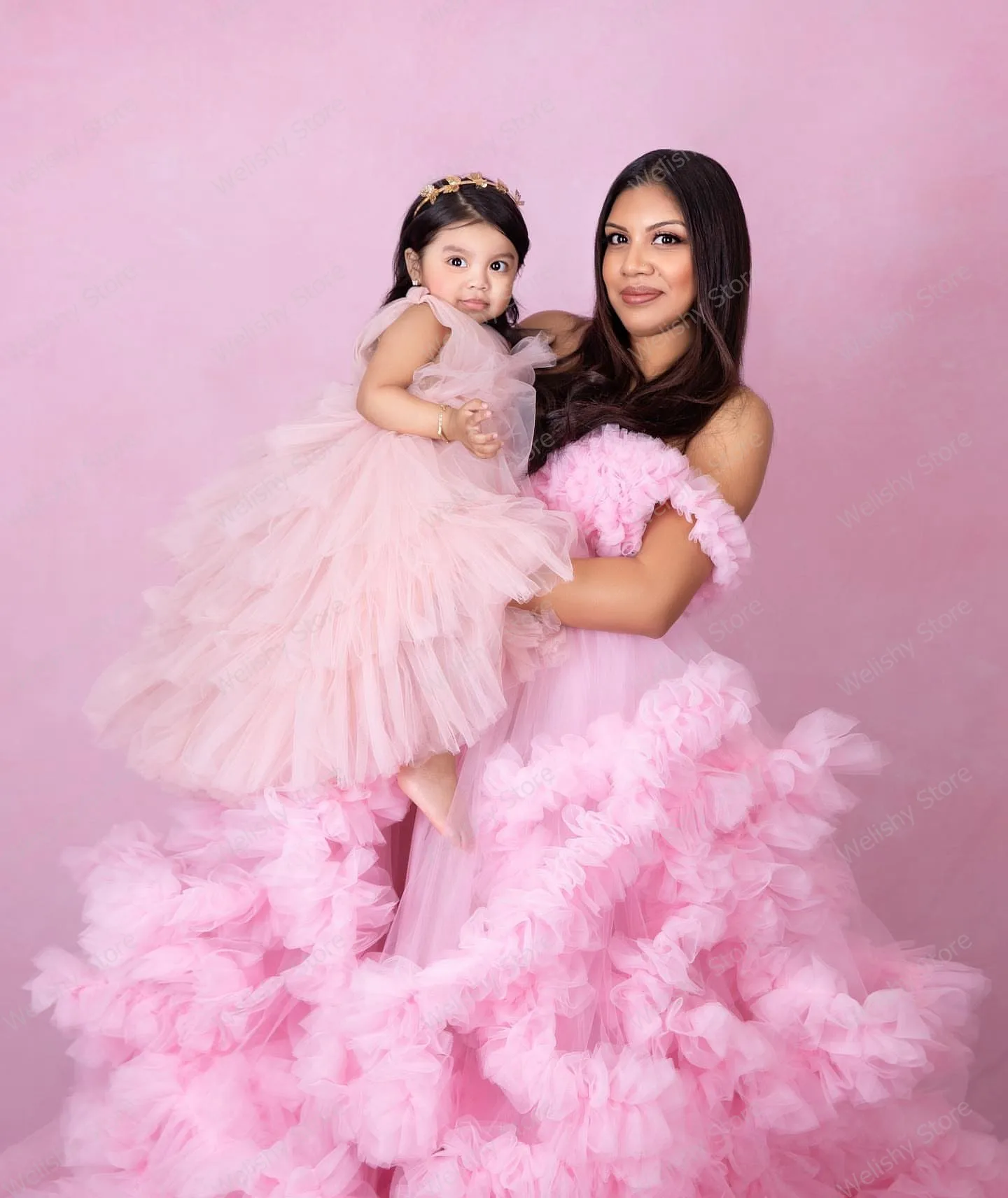 Pink Pleated Ruffles Tulle Mom And Daughter Dress Grossesse Lush Mesh Ruffled Birthday Party Tulle Gowns Front Slit Long Dresses