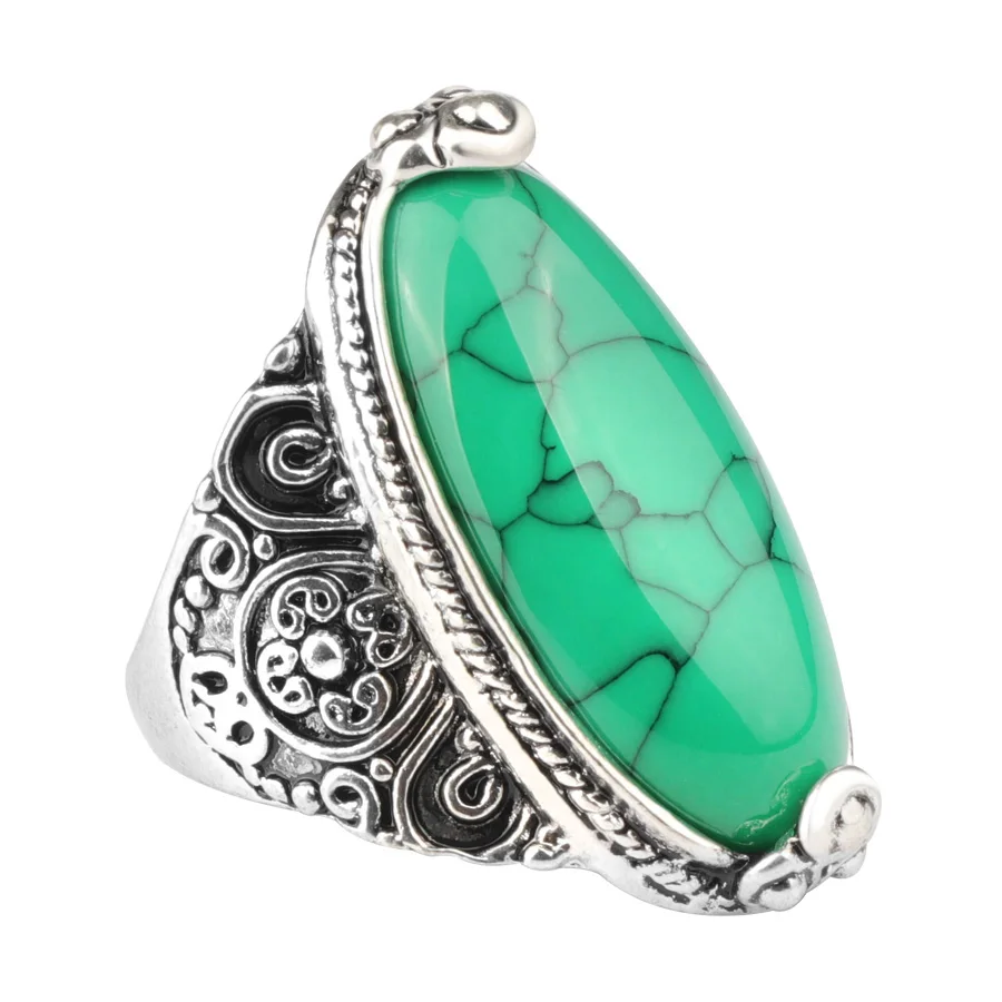 Wbmqda Hot Wreath Oval Emerald Natural Stone Rings for Women Men Vintage Look Antique Silver Luxury Fashion Jewelry 2023 New