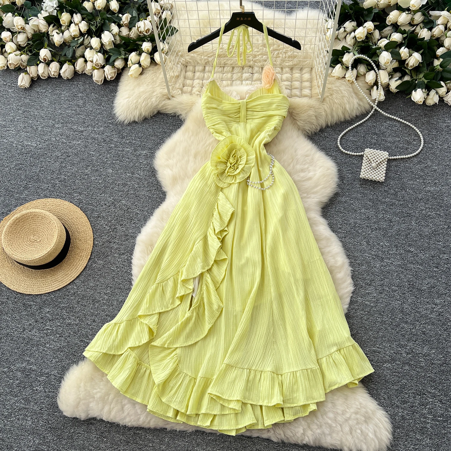 French chic sweet split backless ruffle slim fairycore dress women's summer waist Beach dresses  women clothing