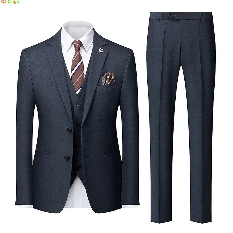 Navy Blue Mens 3-piece Suit, Double-buttoned Blazer and Vest with Pants,Asian Sizes, Slim-fit Men Sets, Vertical Stripes Trim