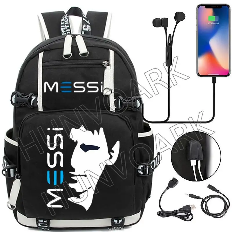 Messi Mochila Laptop Hikking Waterproof Notebook Bag USB Schoolbag Sports Travel School Bag Pack Mochila Para Masculino Feminino