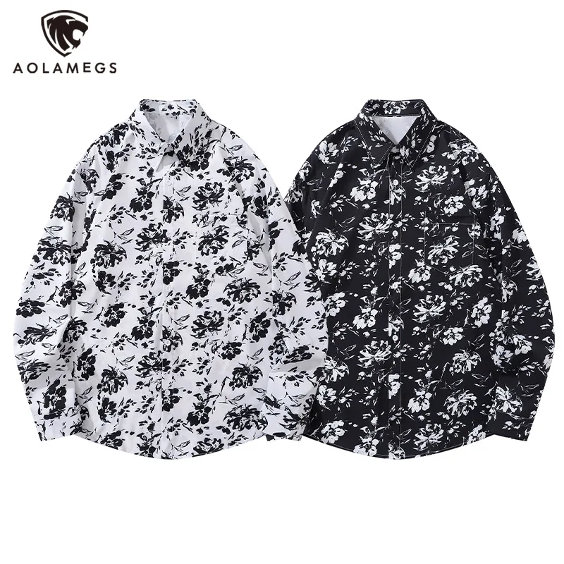 Men's Shirts Black White Pastoral Floral Blouse Retro Handsome Casual Tops M-2XL Unisex Trendy Long Sleeve Clothes Four Seasons