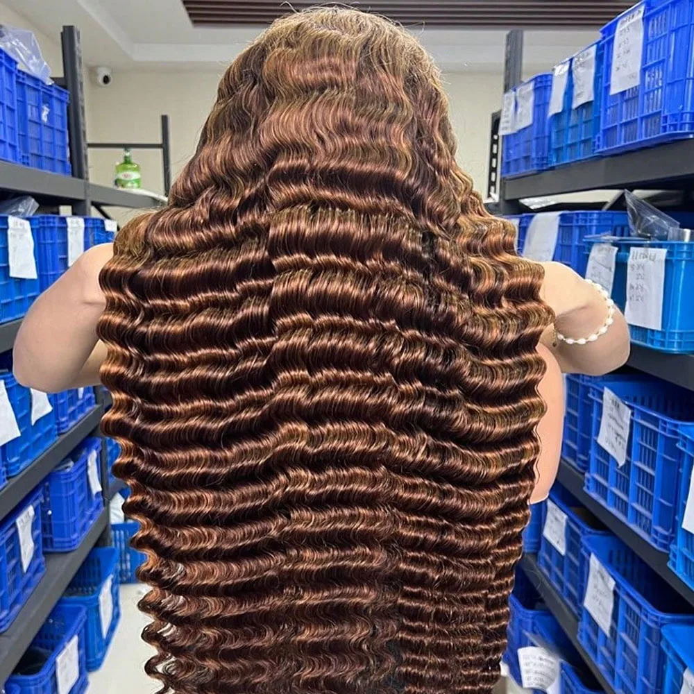 

200-250 Density Chocolate Brown Deep Wave Lace Front Human Hair Wig 34InchColor Hd Lace Frontal Wig For Women13x4 WaterCurly Wig