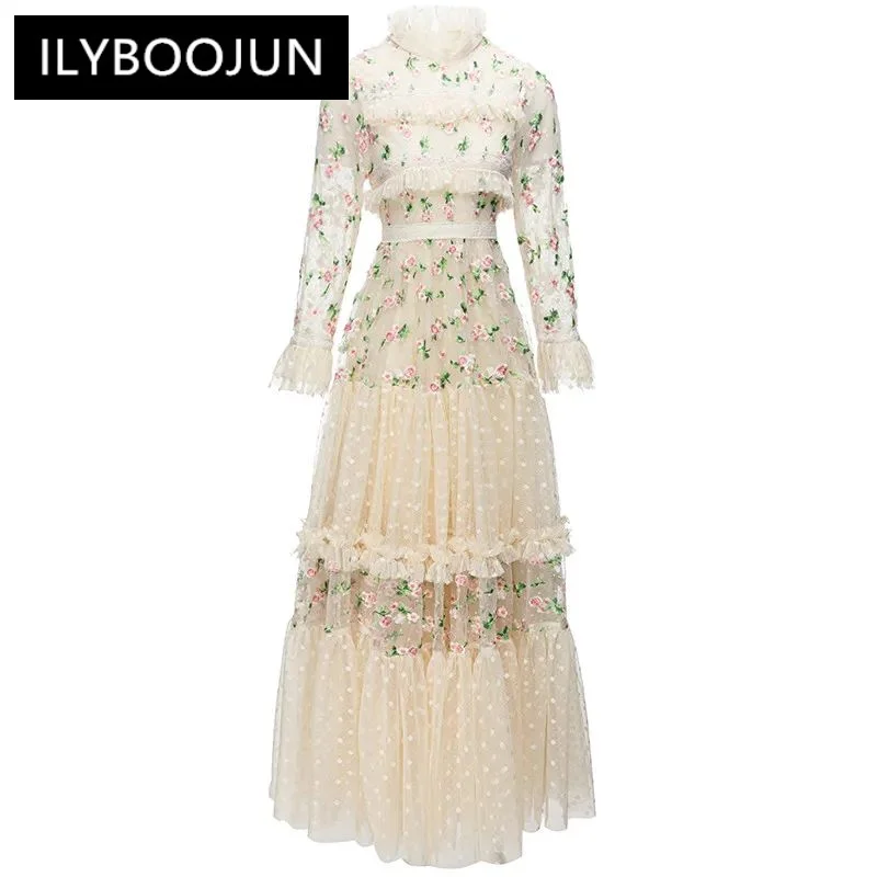 

Сетчатое платье с расклешенными рукавами и воротником-стойкой, рюшами и цветочной вышивкой, женские длинные платья для женщин, 2024, люксовый бренд