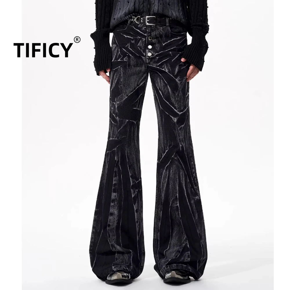 

High Street Water Ripple Black Jeans Pant Men's Autumn Dark Style Five Button Distressed Micro Flared Slim Pants