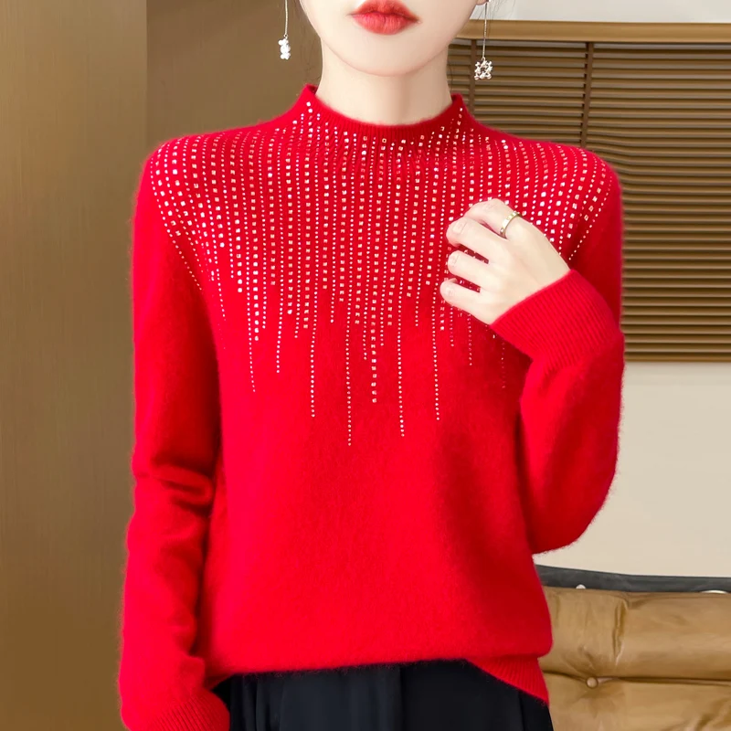 2025 autumn and winter women's wool sweater 100% pure wool pullover sweater women's cashmere shirt inlaid with diamonds sweater