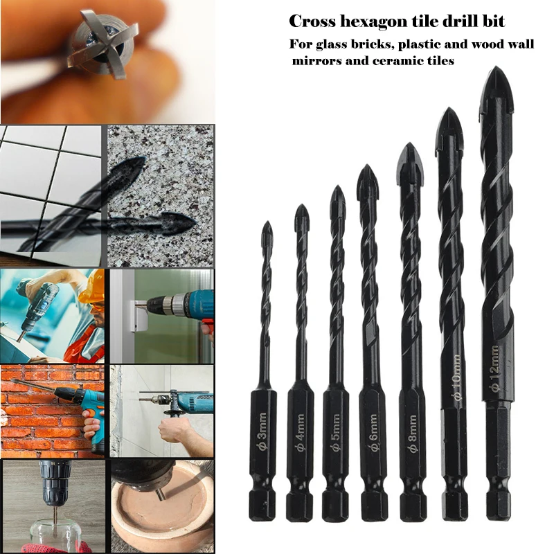 Juego de brocas hexagonales cruzadas para hormigón, porcelana, azulejo, vidrio, Metal, brocas profesionales multifunción, brocas de carburo, 7 piezas