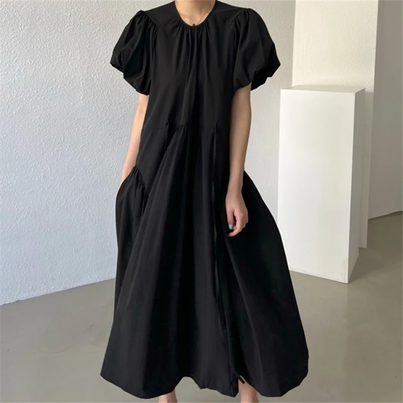 REALEFT Summer Vintage Puff Sleeve Women\'s Long Dresses 2024 New O-Neck Korean Straight Casual Loose Dresses Female