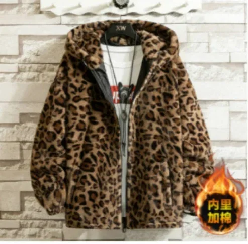 2024 Men\'s Leopard Print Handsome Imitation Mink Hooded Jacket Fleece-Lined Warm