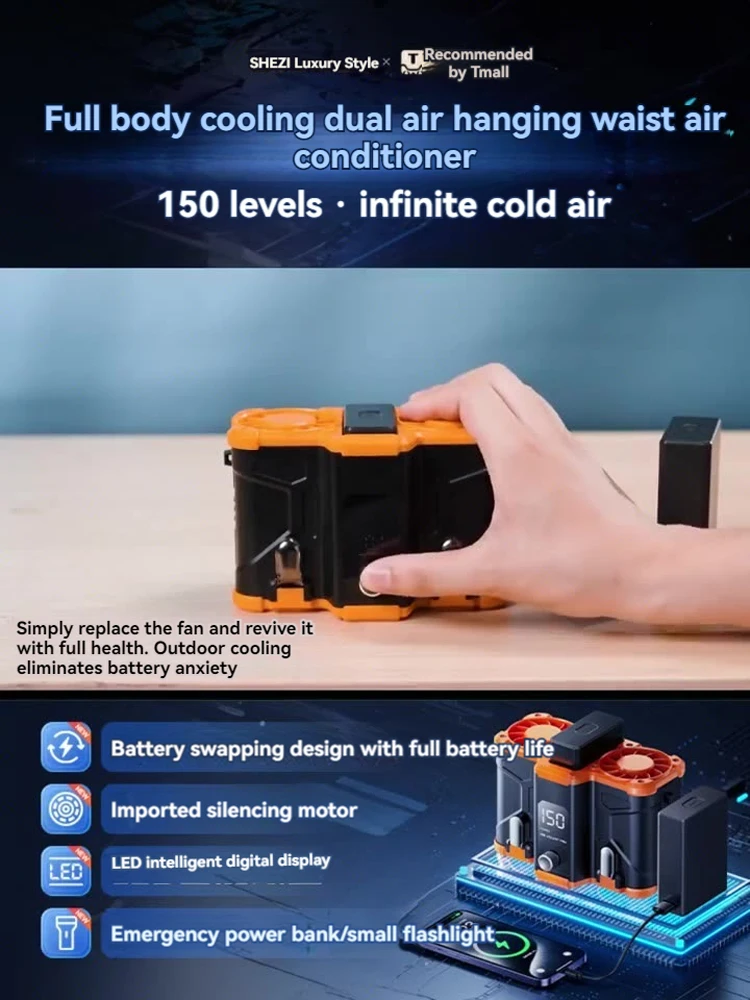 10000mAh waist mounted fan with dual air vents, detachable battery, portable clip on high-temperature operation, outdoor welder