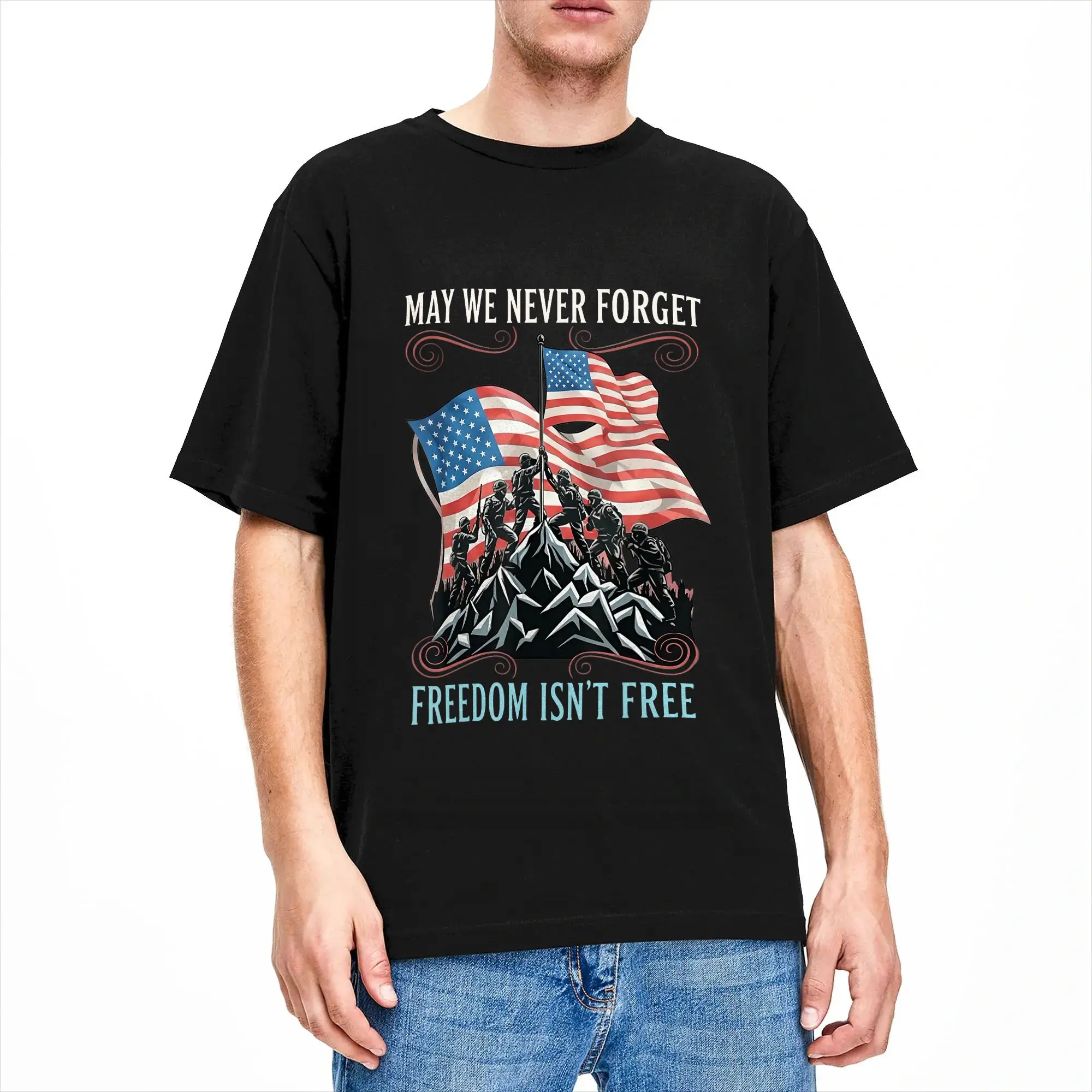 May We Never Forget Freedom Isnt Free Patriotic Soldier Flag Cotton T-Shirt For Men Summer Y2K Basic T Shirts Harajuku Tee Shirt