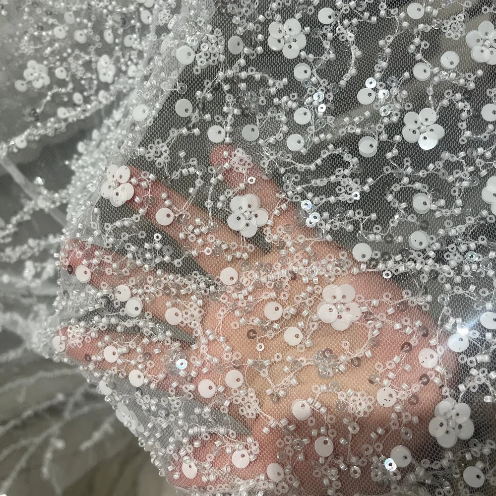 

Textile Material with Beads Sequins HOT 1 Yard Price Off White Beaded Lace Fabric Materials for Handicrafts