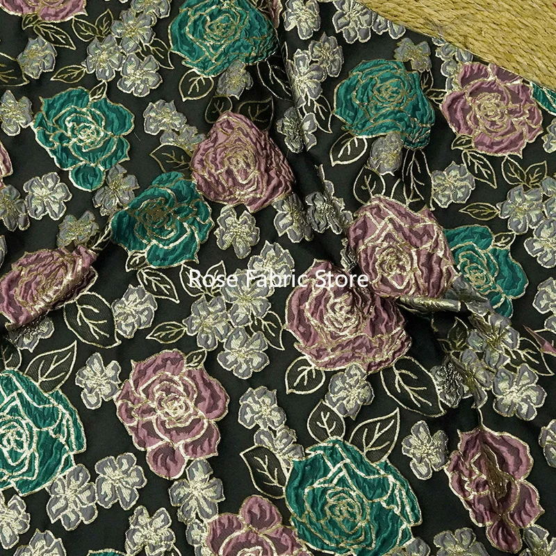 1 meter Golden Silk Relief Large Flower Jacquard Fabric Retro Women's Dress Fluffy Skirt Coat Decorative Sewing Fabric