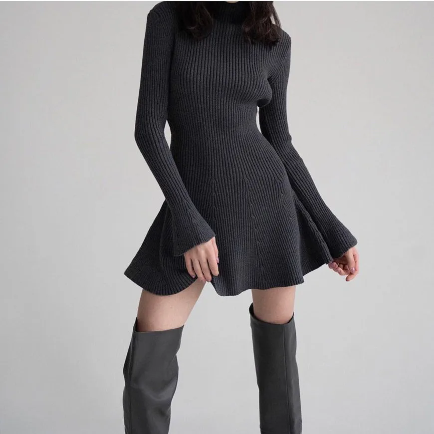 Gaono Vintage French Knit Dress Long Sleeve Ruffle Turtleneck Mini Dress Women Fall Winter Vestidos Fashion OL Lady Streetwear