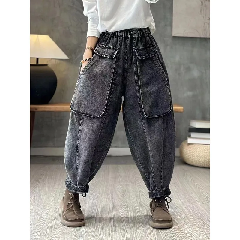 2023 Spring Autumn New Arts Style Women Elastic Waist Vintage Blue Loose Jeans Big Pocket Design Cotton Denim Harem Pants P272