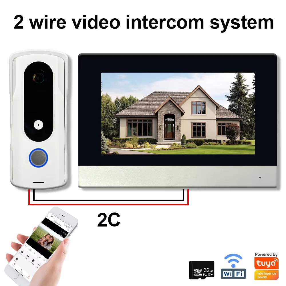 2 Wire Video Intercom System 7inch Touch Monitor With Doorbell Camera 1080P Wifi Tuya Smart