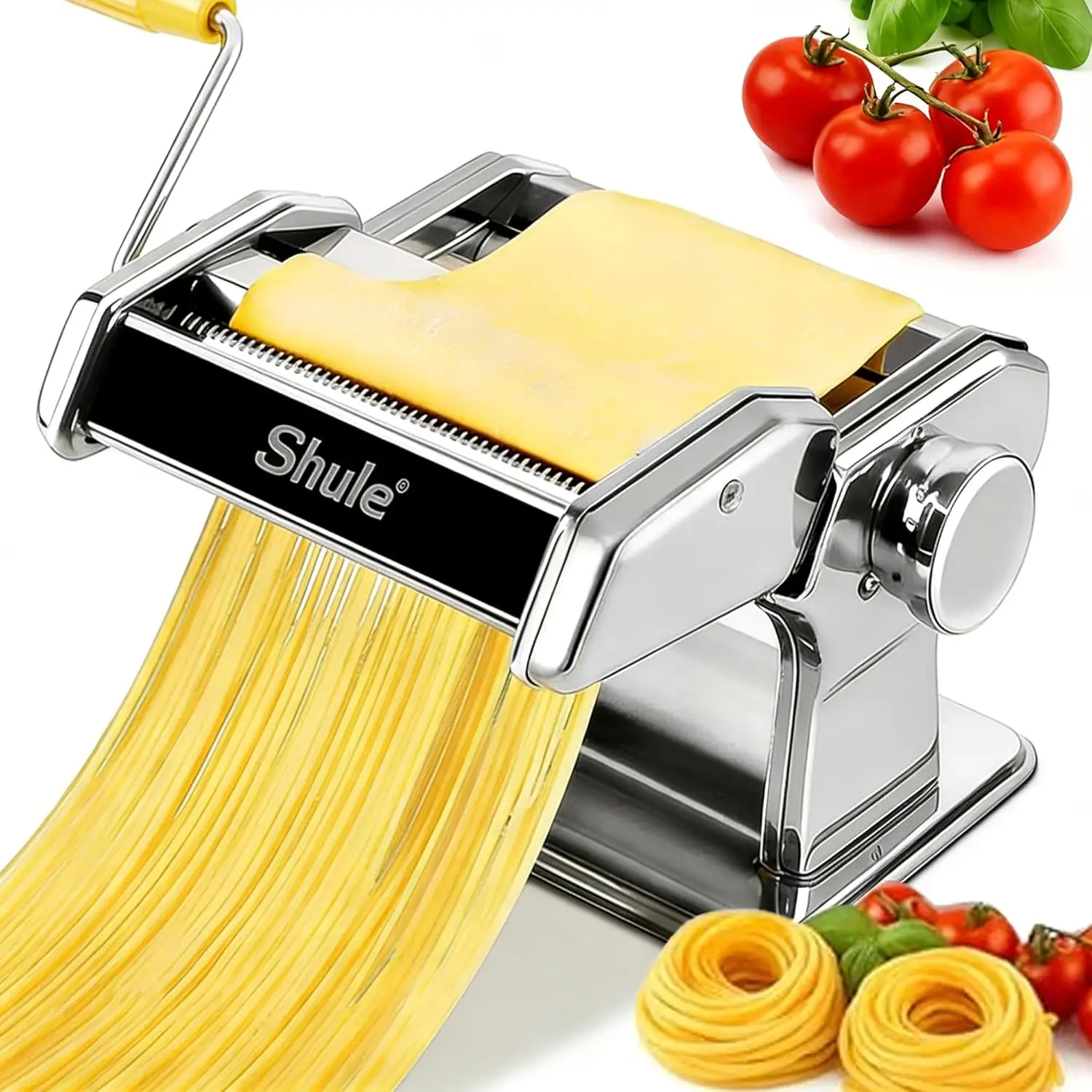 

Stainless Steel Manual Pasta Maker with 7 Thickness Settings, Noodle Roller and Cutters for Kitchen