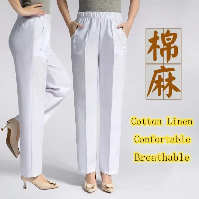 

Женские брюки для пожилых людей среднего возраста, тонкие хлопковые и льняные прямые брюки, повседневные свободные брюки с эластичной резинкой на талии для мам XT1249