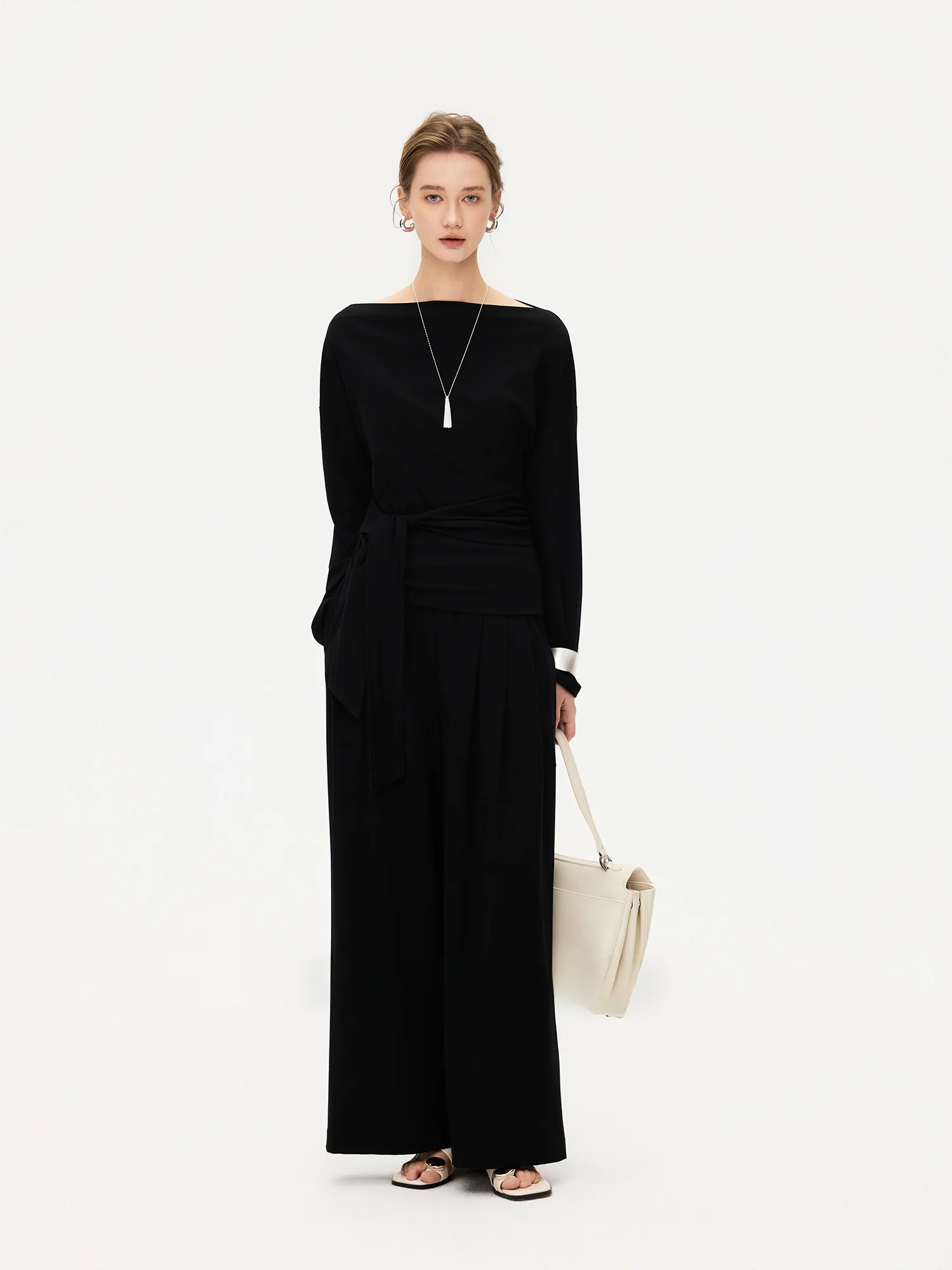 

Se mat One-oulder Wide-Leg Pants Set with Belt Design Spring Faion Women's Breathable Cotton Two-Piece Suit