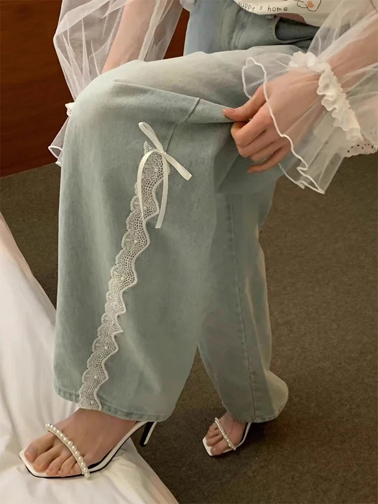 

Hit Color Spliced Lace Up Designer Demin Pant For Women High Waist Chic Wide Leg Pant Female Fashion Style Clothes