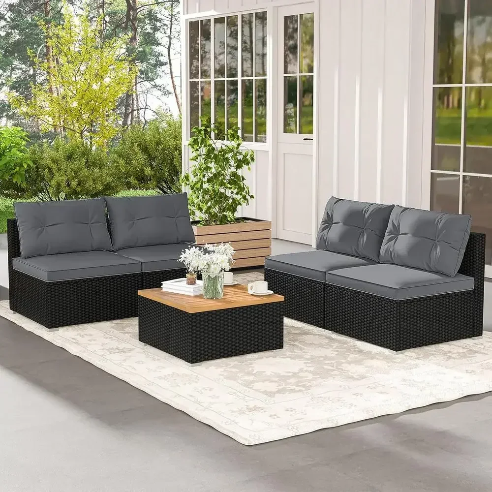 Gray Outdoor Wicker Patio Furniture Set with Cushions, Acacia Coffee Table, Ideal for Balcony, Garden, Deck, Poolside