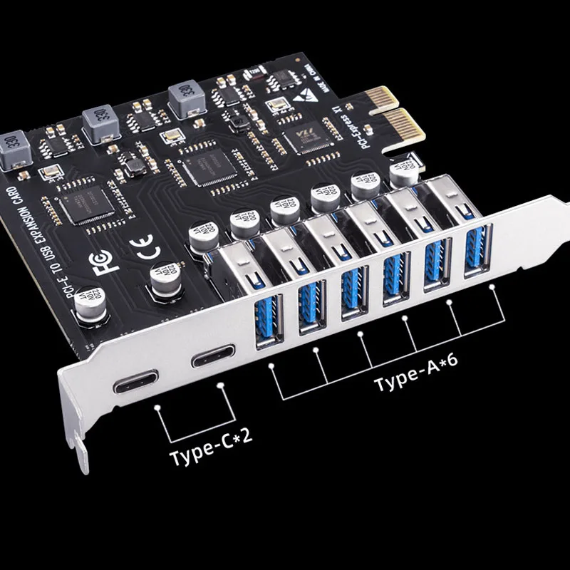 USB 3.2การ์ด PCIe X1 USB Gen1 5Gbps 8พอร์ต (6 USB A + 2 Type C) ชิป VL805 + NEC720210 Converter อะแดปเตอร์ขยาย PCIe Splitter