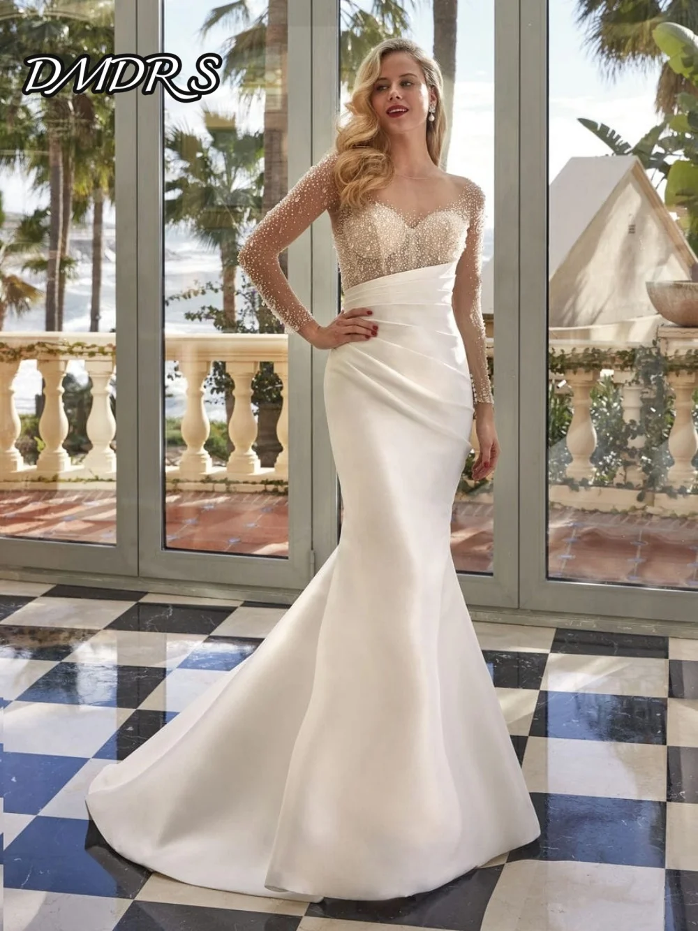 Stilvolle Langarm-Brautkleider Romantische A-Linie Brautkleider Elegante bodenlange Brautkleider aus Satin Vestidos De Novia