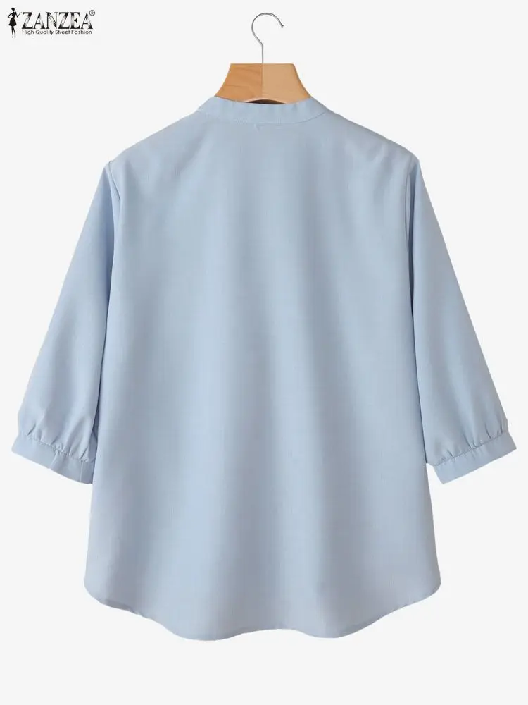 

Women Vintage Pintuck Shirts Autumn Casual 3/4 Puff Sleeve Mandarin Collar Button Up High-Low Shirt ZANZEA Woman Clothes S-3XL