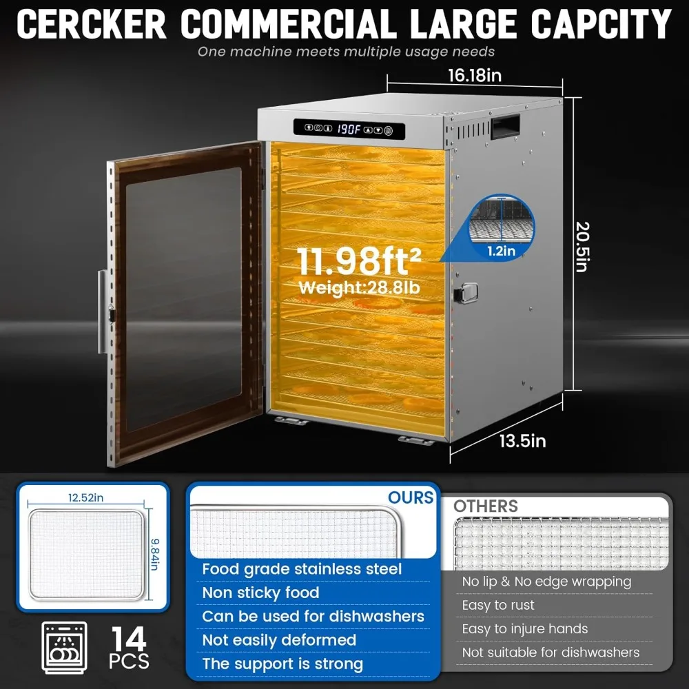 Mesin Pengering Makanan 14 Tray, Pengering Buah 1200W, Pengering Daging 11.98ft² untuk Daging Kering, Kontrol Suhu 190ºF, 24 Jam