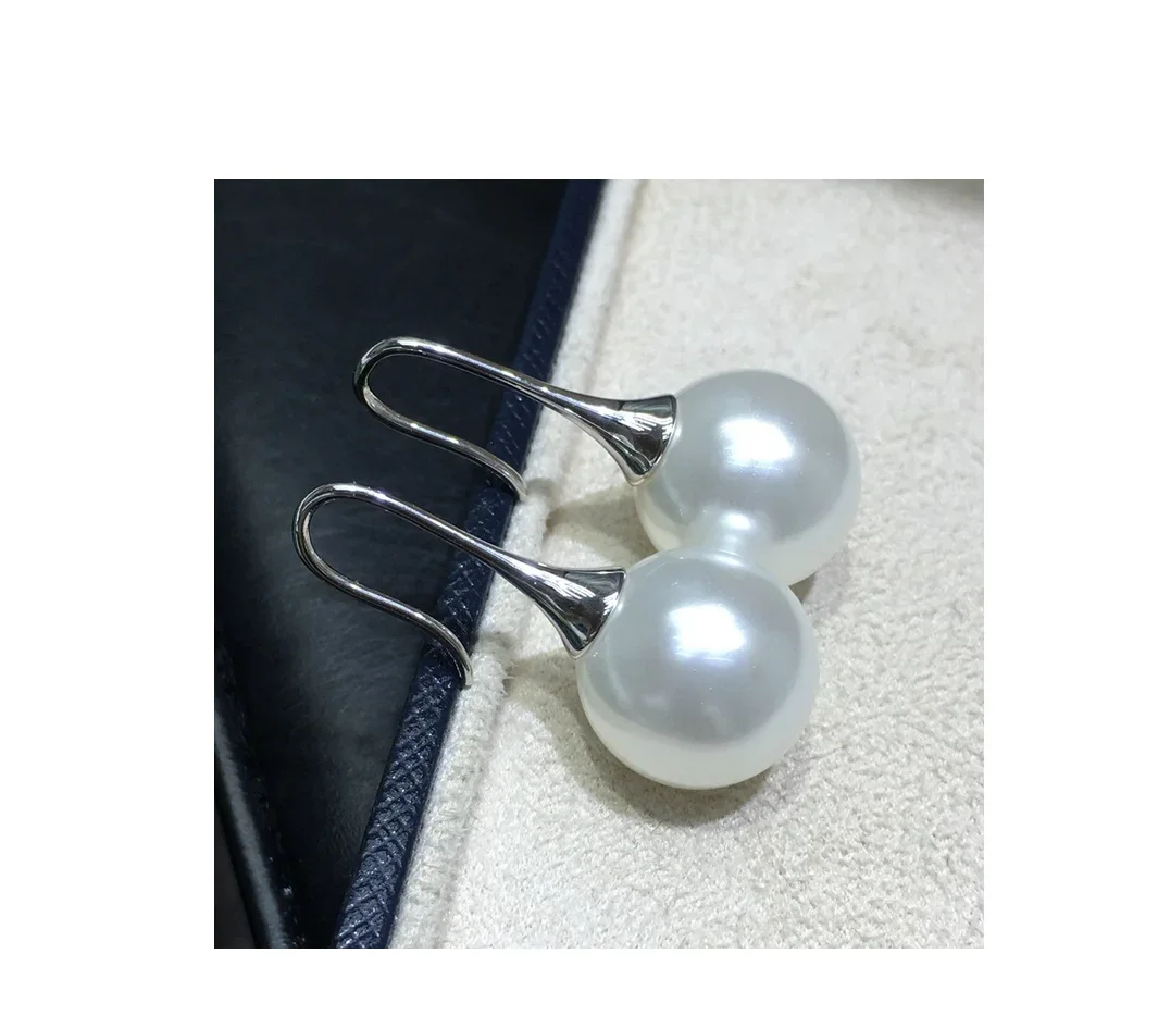 Charming Pair of 11-12mm Genuine South Sea White Round Pearl Earring 925 Sterling Silver