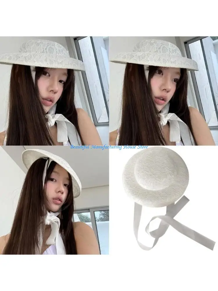 E56A Fashionable Women Lace Ribbon Bonnet Hat Great For Stylish Occasion Weddings Or Parties Gathering Headpiece