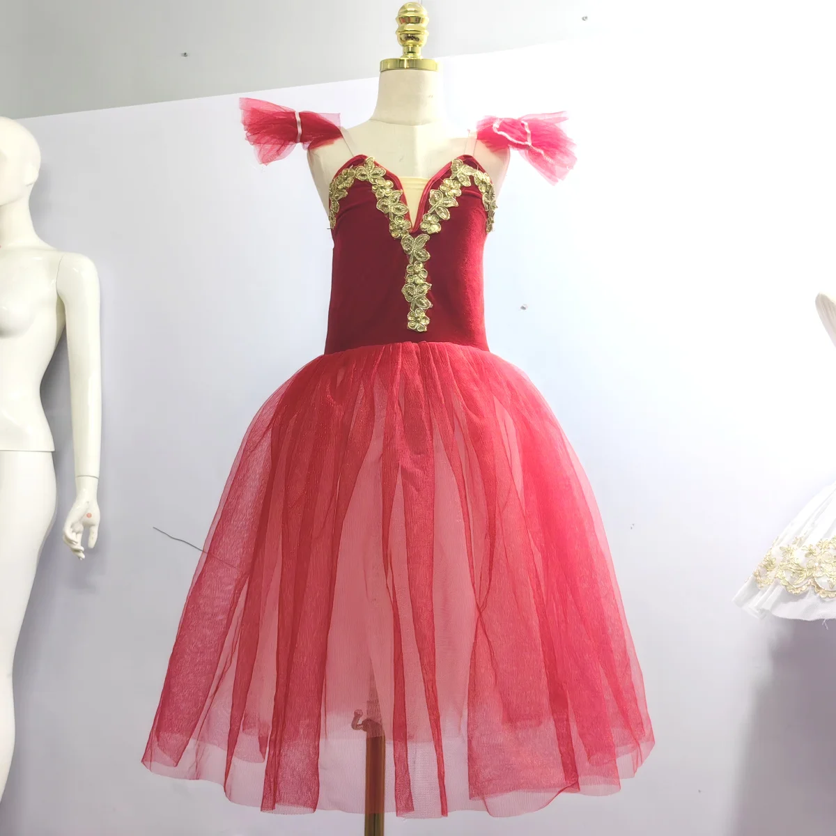 Saia vermelha de balé tutu para crianças, vestido de dança longa para meninas, collant, trajes de performance