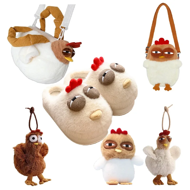Bont Kip Lelijke Kip Vorm Knuffels Leuke Handtas Kawaii Kip Hanger Sleutelhanger Pop Satchel Portemonnee voor Vrouwen Thuis Slippers
