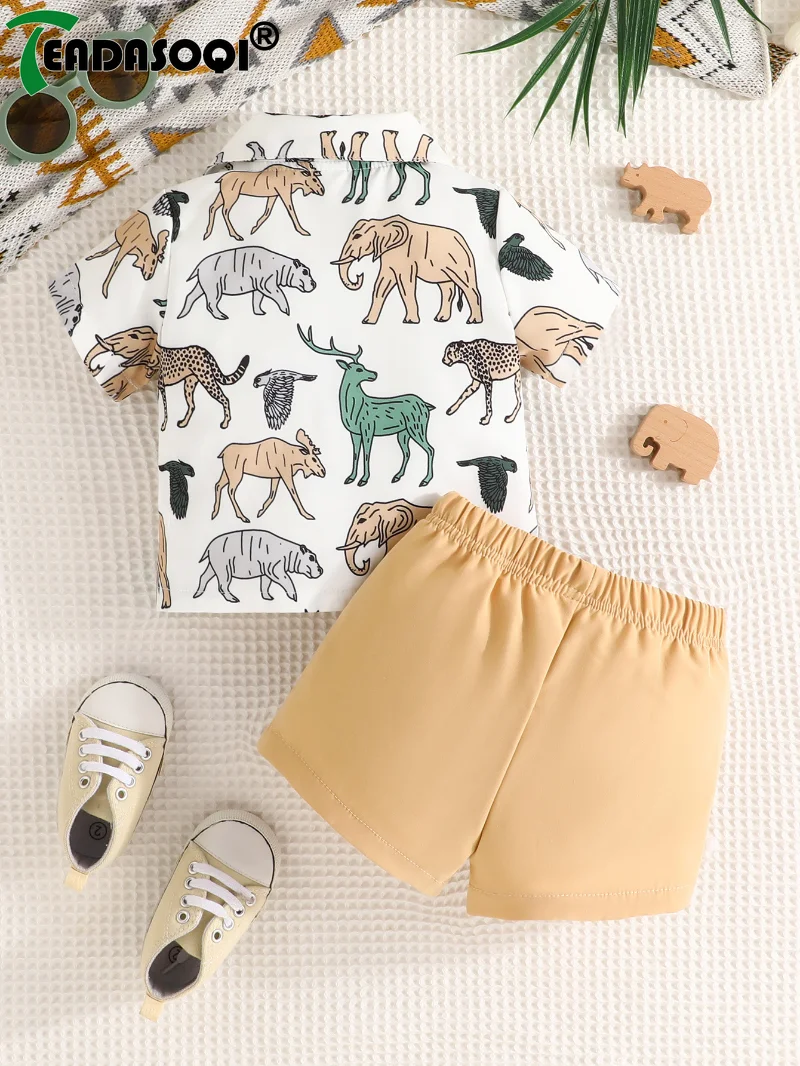 3M-3Y Summer Newborn Clothes Suit For Baby Boys Casual Short Sleeve Animal Print Gentleman T-shirt Top+Short Pants Kids 2Pcs Set