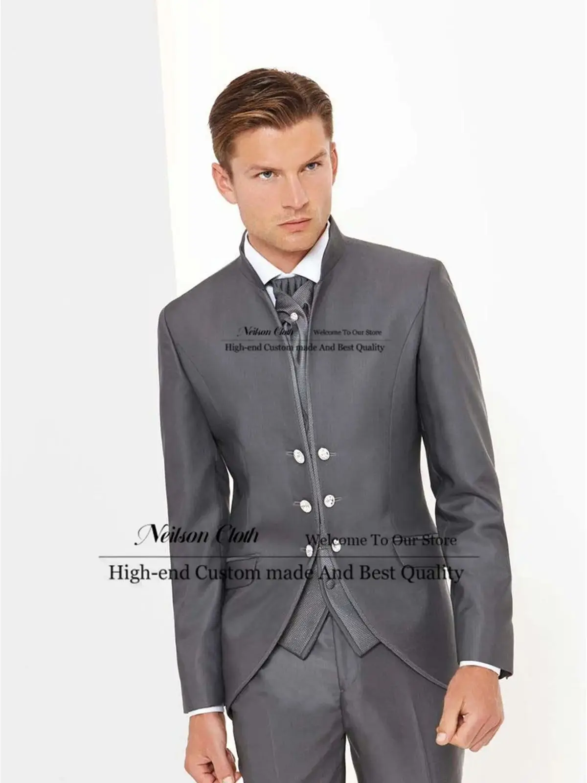 

Dark Grey Tailcoat Male Prom Blazers 3 Pcs Sets Stand Collar Groom Wedding Tuxedos Groomsmen Slim Fit Customized Costume Homme