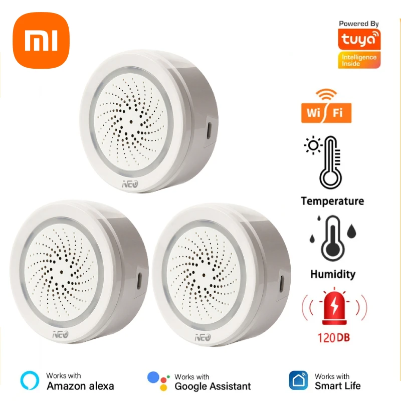 Xiaomi-Tuya Smart WiFi Siren Alarm Sensor, Segurança Doméstica com Alertas Strobe, Suporte de Alimentação por Cabo USB, Alexa, Google Home