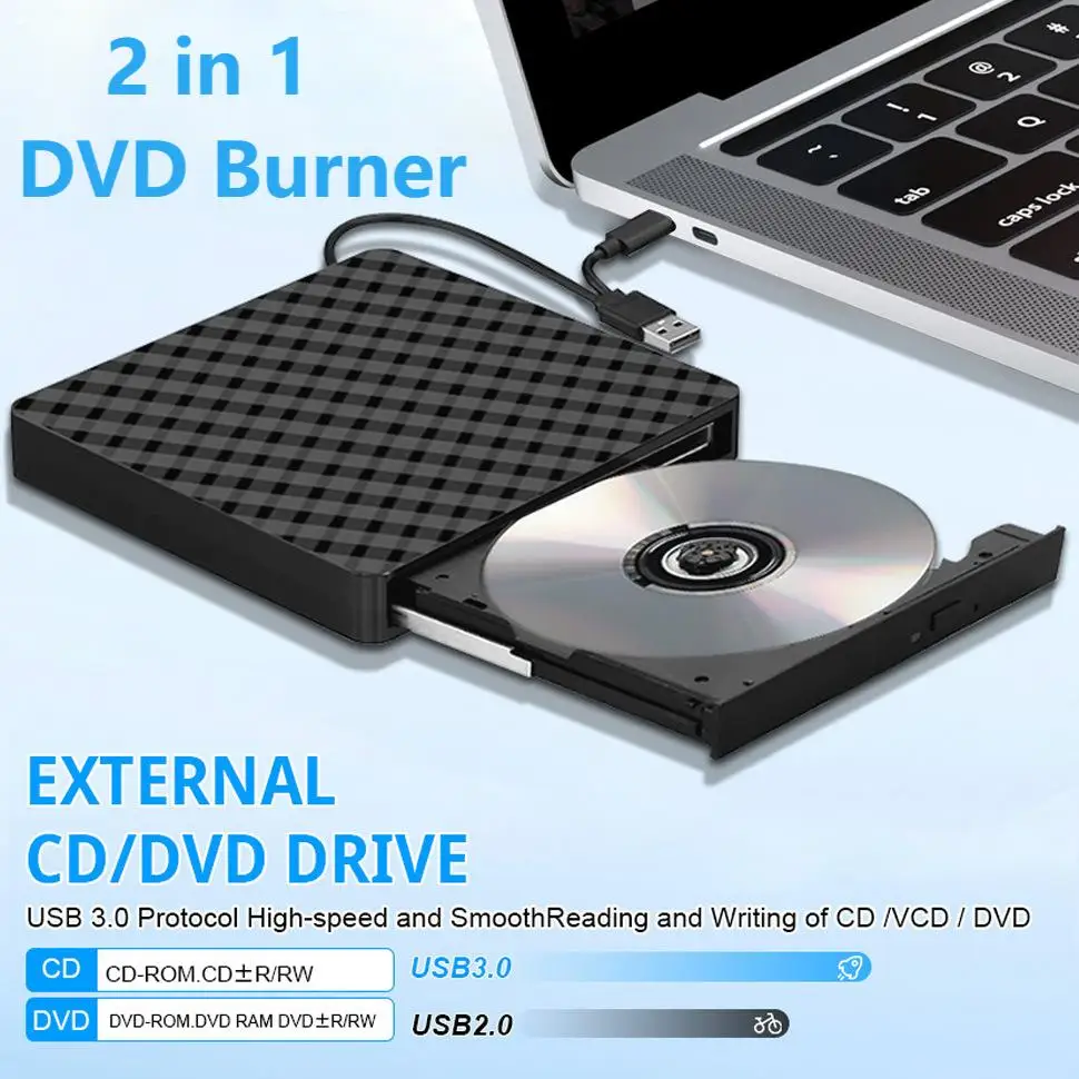 External Portable DVD Burner 2 in 1 USB 3.0 Type-C Slim Protectable CD RW Optical Drive DVD ROM Burner Player for Laptop Desktop