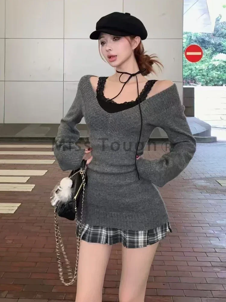 Winter Vintage Slim Knit 3 Piece Set Women High Street Fashion Lace Thin V Neck Vest + Solid Cardigan Plaid Short Skirt 2024 New