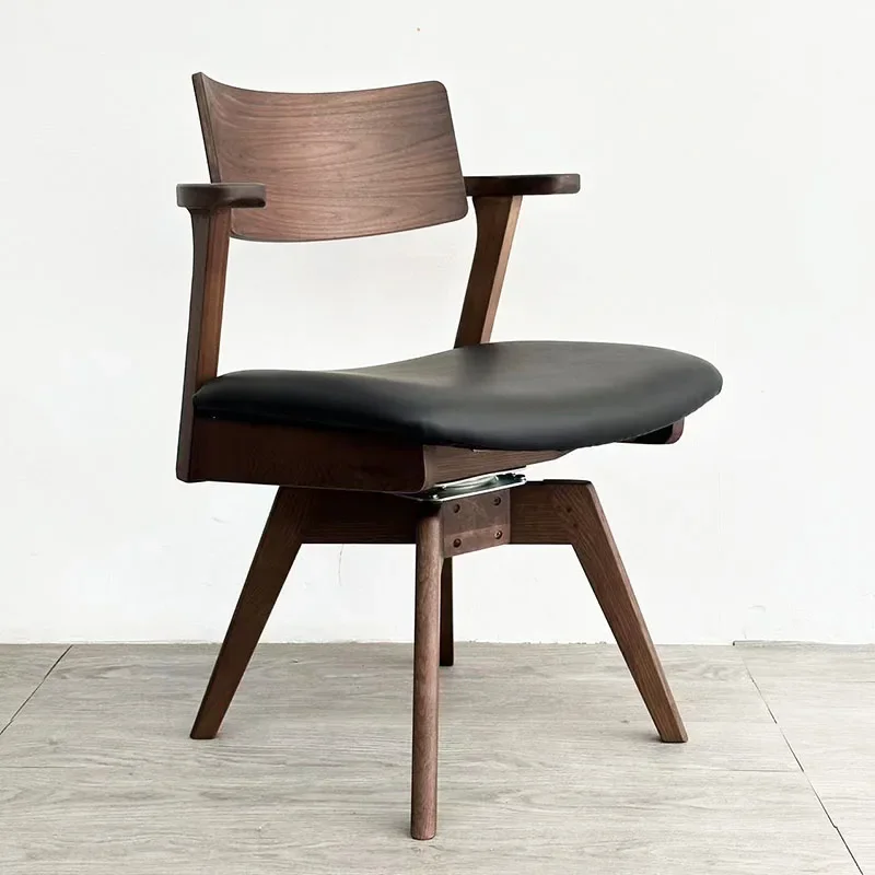 Japanese solid wood swivel chair dining chair pure solid wood leather soft bag walnut armrest book desk chair