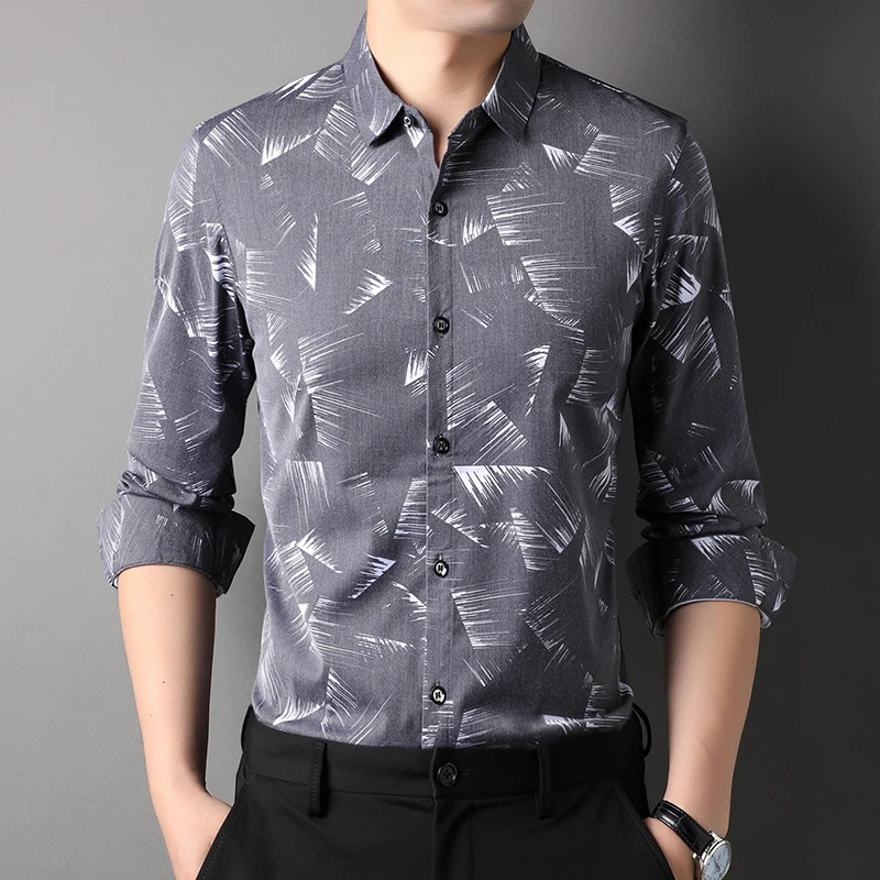 2023 New Spring Men's Business Fashion Long Sleeve Shirt Stretch Casual Printed Shirt Brand Male Clothing