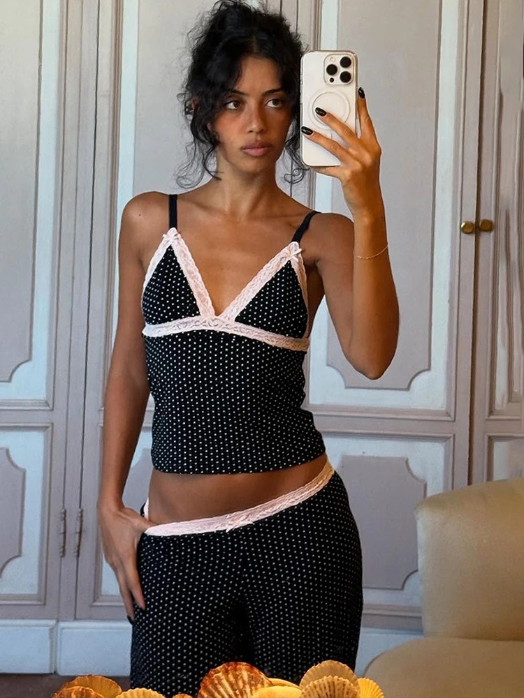 

JULISSA MO Patchwork Print Polka Dot Lace 2 Piece Sets Women Pant Suit Black Spaghetti Strap Top Long Pant Slim Casual Pant Sets