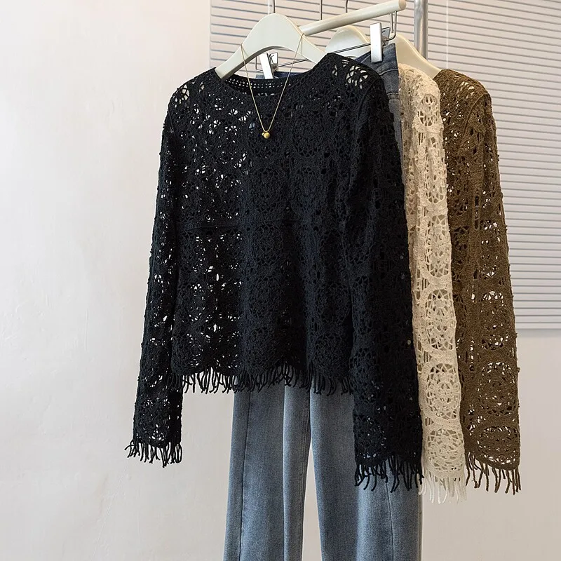 Fringed Open Knit Top Granny Square Crochet Blouse for Women Long Sleeve Round Neck with Tassel Openwork Lace Tops Bohemian