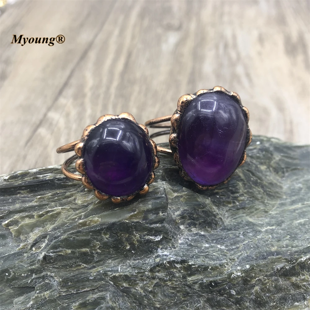 Soldering Bronze Plated Egg Shape Natural Amethysts Crystal Quartz Vintage Rings For Women MY220630