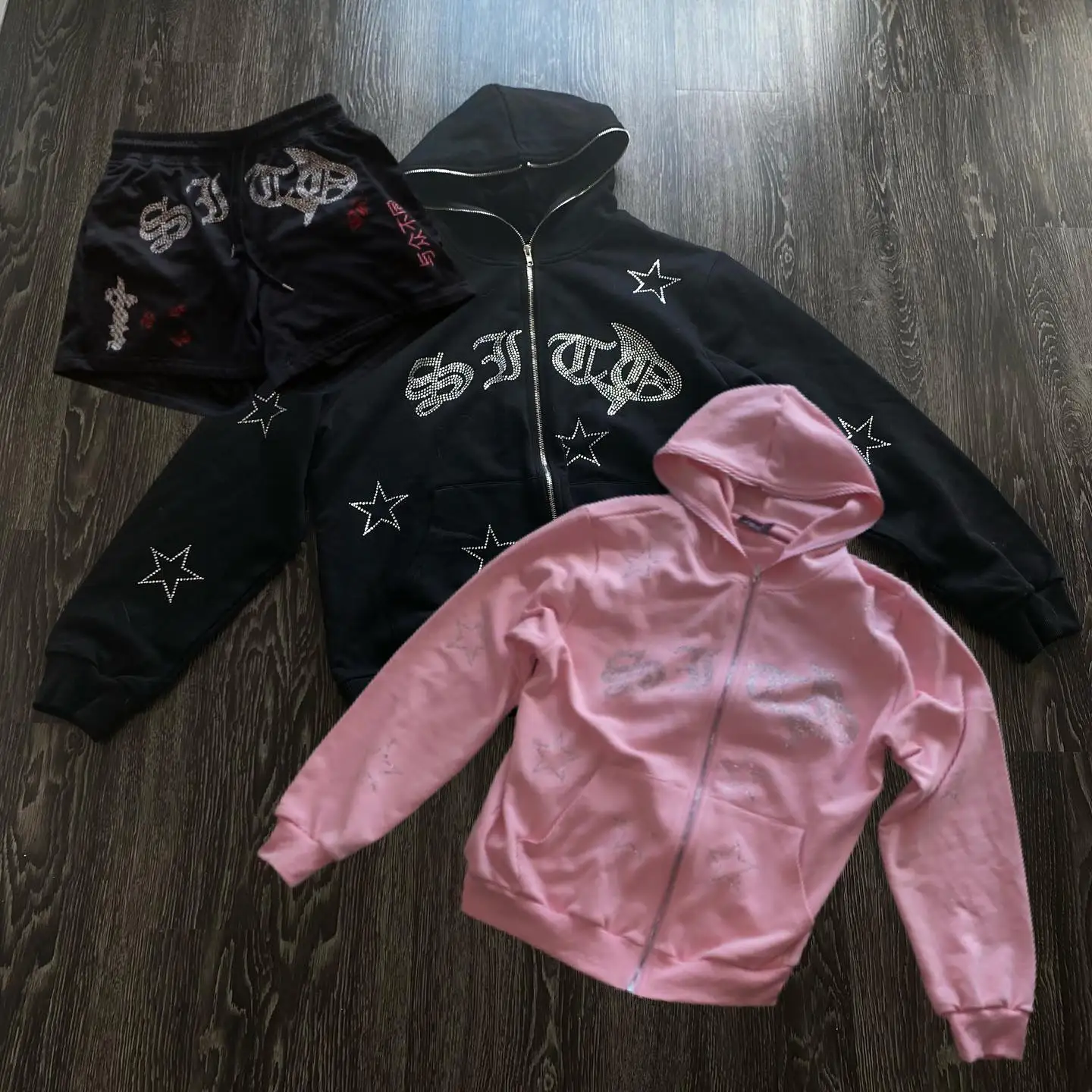 Y2K Rhinestone Zip Up Oversized New Sweatshirts of Women 2023 autumn Goth Hoodies Women Pink Hooded Jacket Streetwear clothing