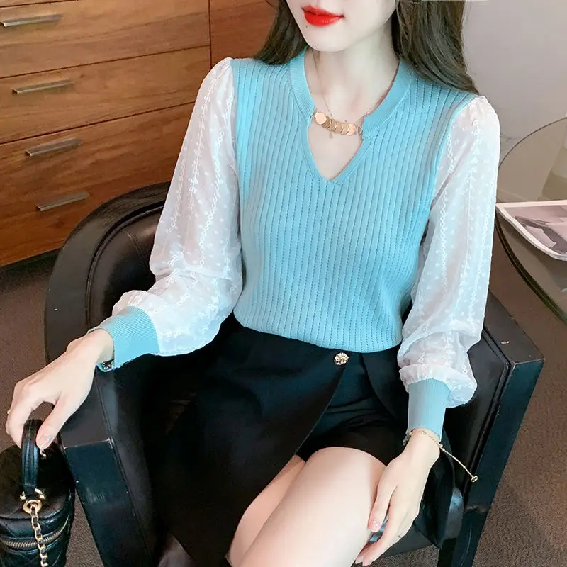 

Fashion Contrast Patchwork Tops Spring Autumn New Long Sleeve All-match Hollow Out Elegant Pullovers Korean Sweet Women Clothing